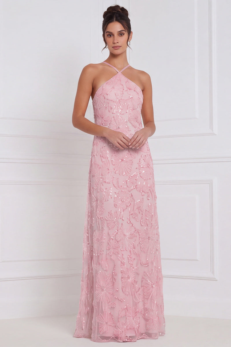 Laden Sie das Bild in den Galerie-Viewer, Hellblaues, A-Linien-Halter, Blumenbezettel, lange Brautjungfernkleid
