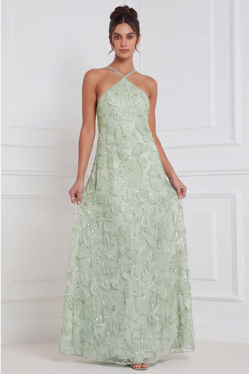 Laden Sie das Bild in den Galerie-Viewer, Hellblaues, A-Linien-Halter, Blumenbezettel, lange Brautjungfernkleid