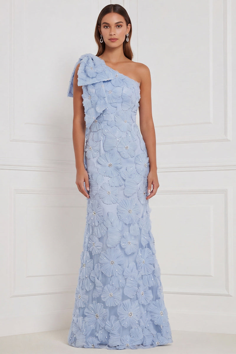 Laden Sie das Bild in den Galerie-Viewer, Hellblaues Meerjungfrauenkleid mit einer Umlauf und langer Brautjungfern