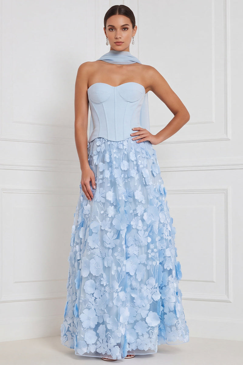 Laden Sie das Bild in den Galerie-Viewer, Hellblaues Korsett A-Linie Trägerloses Blumenapplikation Besetztes Langes Brautjungfernkleid mit 3D-Blume