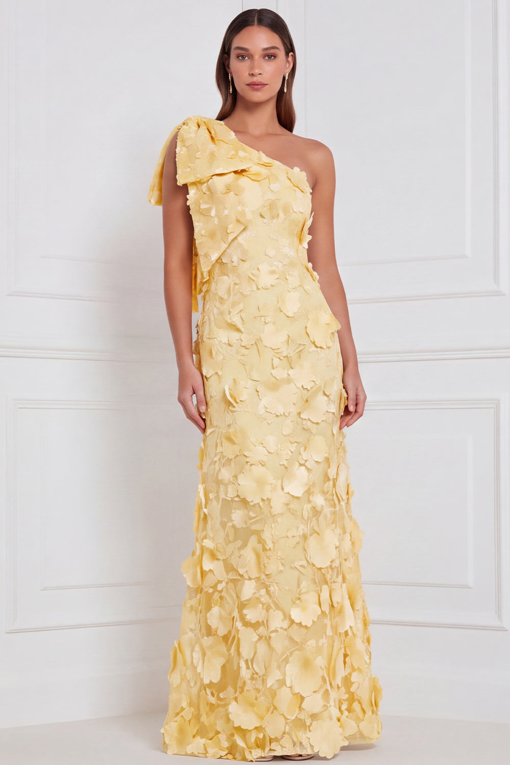 Narzissen Scheide Blumenapplikation Langes Brautjungfernkleid mit Schleife und einer Schulter