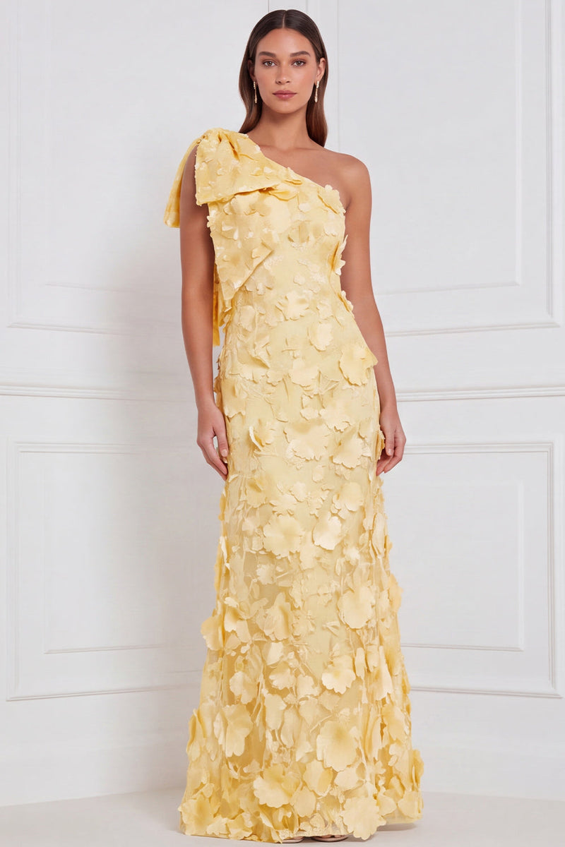Laden Sie das Bild in den Galerie-Viewer, Narzissenscheide mit einer Schulter mit Blumenapplikation und langem Brautjungfernkleid mit Schleife