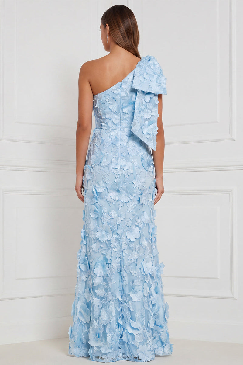 Laden Sie das Bild in den Galerie-Viewer, Narzissenscheide mit einer Schulter mit Blumenapplikation und langem Brautjungfernkleid mit Schleife