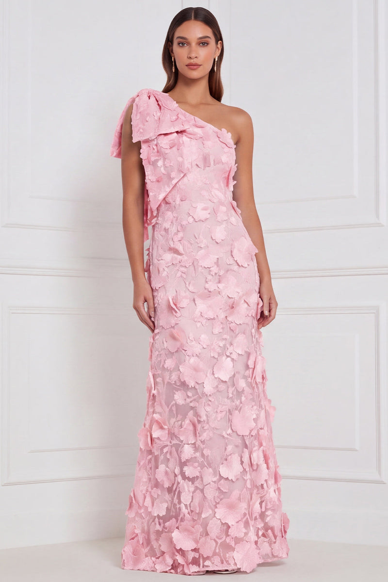 Laden Sie das Bild in den Galerie-Viewer, Narzissenscheide mit einer Schulter mit Blumenapplikation und langem Brautjungfernkleid mit Schleife