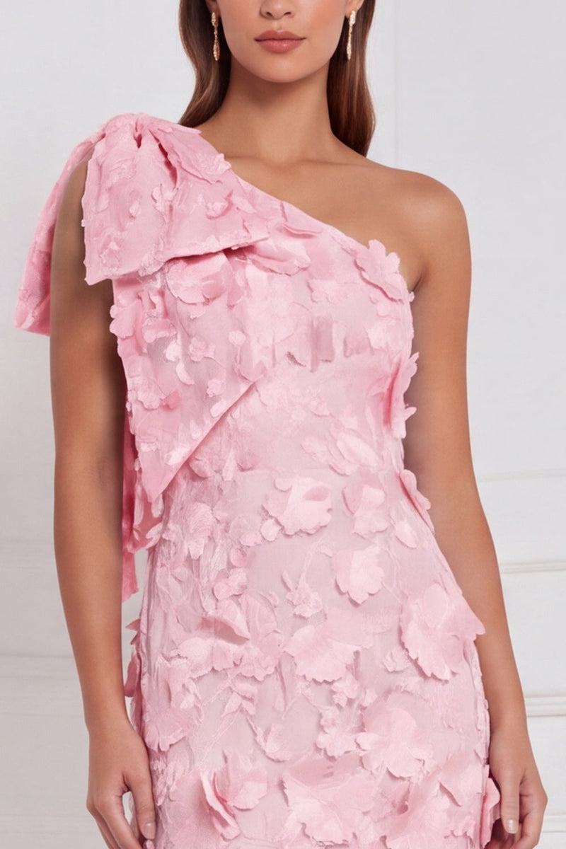 Laden Sie das Bild in den Galerie-Viewer, Narzissenscheide mit einer Schulter mit Blumenapplikation und langem Brautjungfernkleid mit Schleife