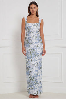 Salbei Floral Scheide Langes Brautjungfernkleid mit quadratischem Ausschnitt