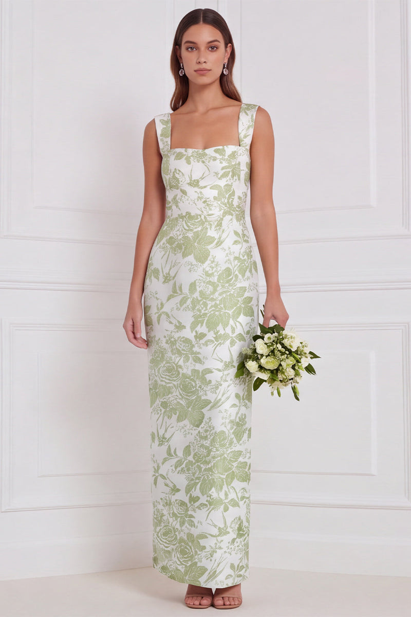 Laden Sie das Bild in den Galerie-Viewer, Salbei-Floral-Scheide mit quadratischem Ausschnitt und langem Brautjungfernkleid