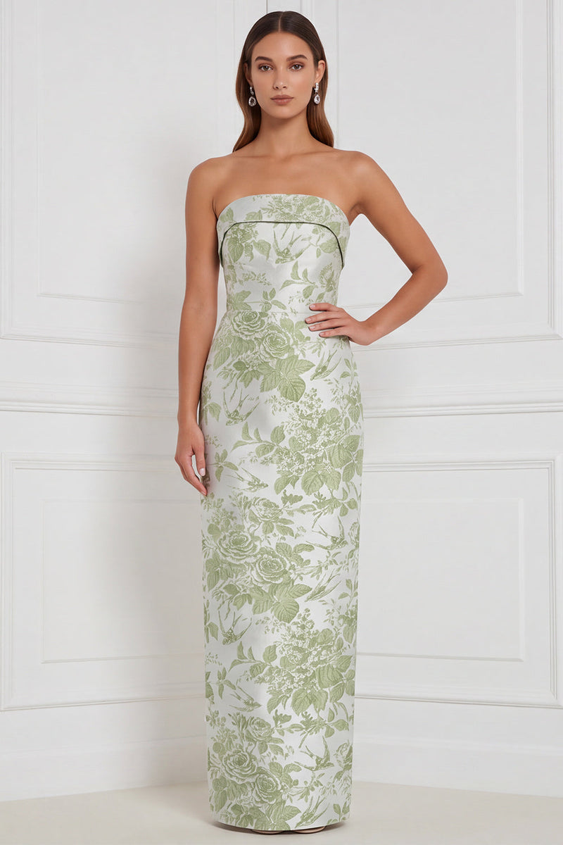 Laden Sie das Bild in den Galerie-Viewer, Sage Sheath Floral Trägerloses Langbrautjungfernkleid mit Schleife