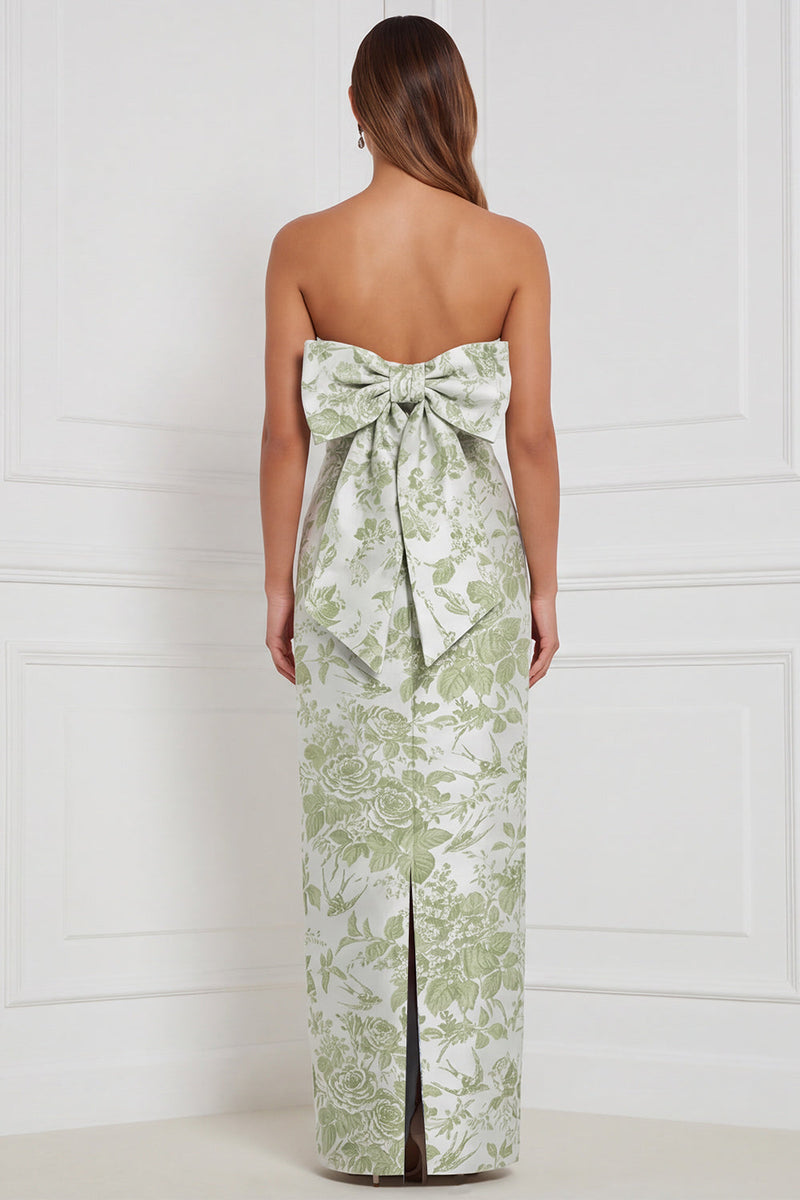 Laden Sie das Bild in den Galerie-Viewer, Sage Sheath Floral Trägerloses Langbrautjungfernkleid mit Schleife