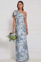 Laden Sie das Bild in den Galerie-Viewer, Ein Schulter staubiges blaues Blumenkleid mit langer Brautjungfer mit Schleife