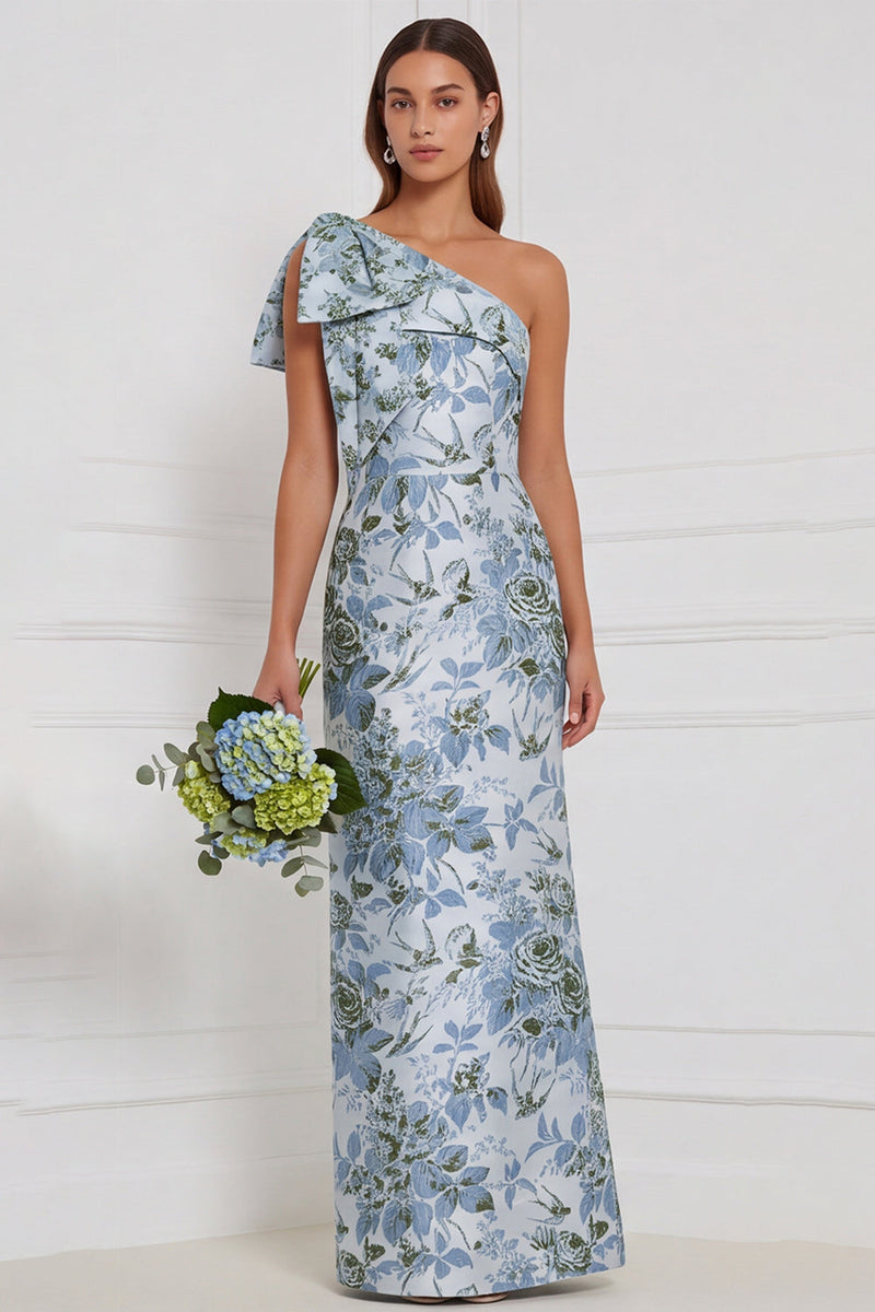 Laden Sie das Bild in den Galerie-Viewer, Ein Schulter staubiges blaues Blumenkleid mit langer Brautjungfer mit Schleife