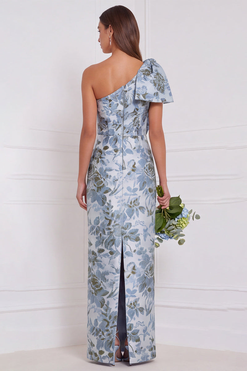 Laden Sie das Bild in den Galerie-Viewer, Ein Schulter staubiges blaues Blumenkleid mit langer Brautjungfer mit Schleife