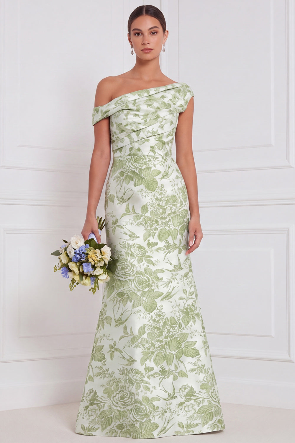 Salbei Blumen Meerjungfrauen Raffen Langes Brautjungfernkleid mit einer Schulter