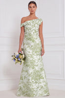 Laden Sie das Bild in den Galerie-Viewer, Salbei-Blumen-Meerjungfrauenkleid mit einer Schulter und raffen, langem Brautjungfernkleid