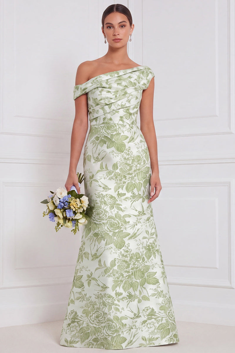 Laden Sie das Bild in den Galerie-Viewer, Salbei-Blumen-Meerjungfrauenkleid mit einer Schulter und raffen, langem Brautjungfernkleid