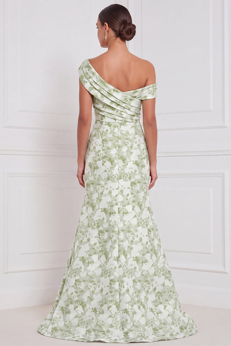 Laden Sie das Bild in den Galerie-Viewer, Salbei-Blumen-Meerjungfrauenkleid mit einer Schulter und raffen, langem Brautjungfernkleid