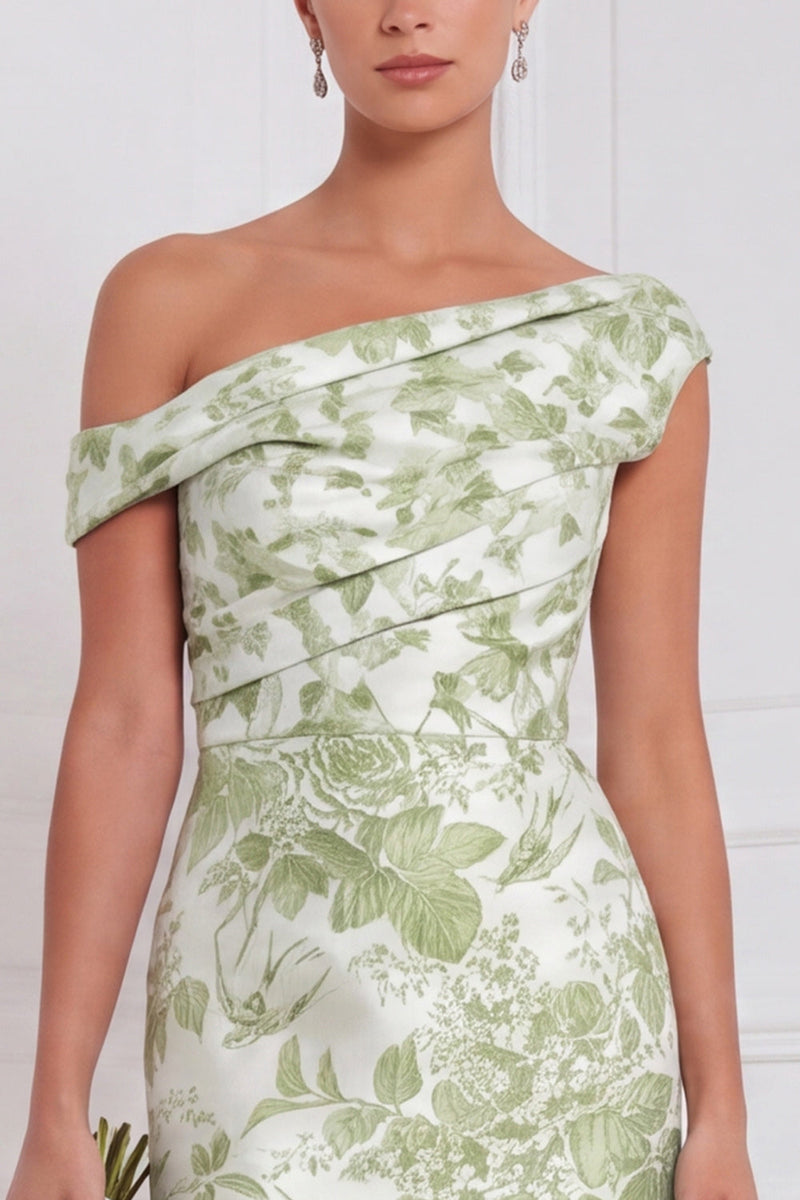 Laden Sie das Bild in den Galerie-Viewer, Salbei-Blumen-Meerjungfrauenkleid mit einer Schulter und raffen, langem Brautjungfernkleid