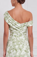 Laden Sie das Bild in den Galerie-Viewer, Salbei-Blumen-Meerjungfrauenkleid mit einer Schulter und raffen, langem Brautjungfernkleid