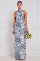 Laden Sie das Bild in den Galerie-Viewer, Halter Dusty Blue Sheath Floral Long Bridesmaid-Kleid