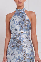 Laden Sie das Bild in den Galerie-Viewer, Halter Dusty Blue Sheath Floral Long Bridesmaid-Kleid