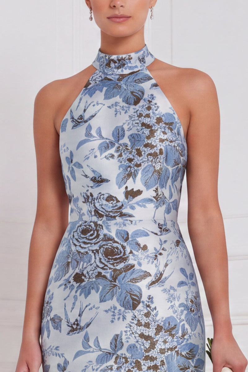 Laden Sie das Bild in den Galerie-Viewer, Halter Dusty Blue Sheath Floral Long Bridesmaid-Kleid