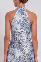 Laden Sie das Bild in den Galerie-Viewer, Halter Dusty Blue Sheath Floral Long Bridesmaid-Kleid