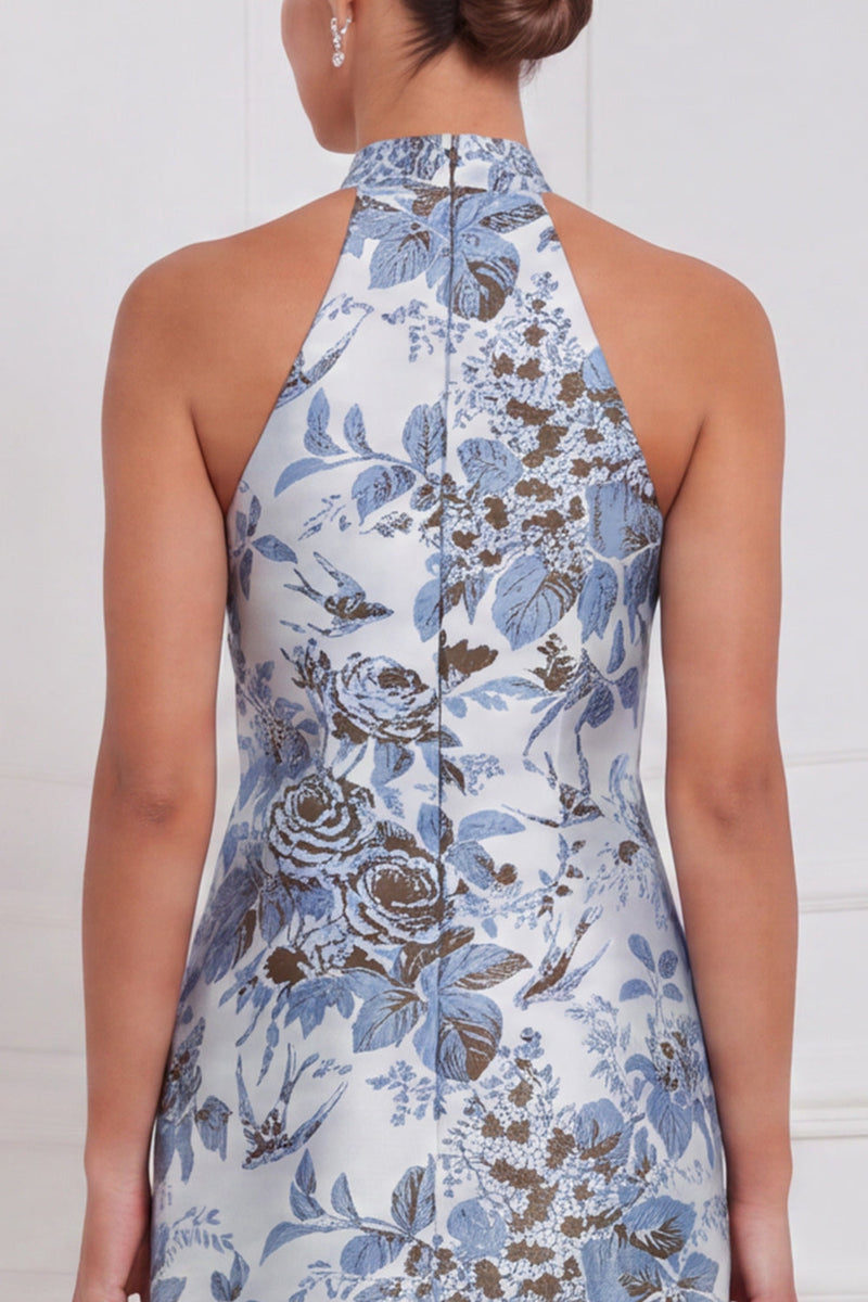 Laden Sie das Bild in den Galerie-Viewer, Halter Dusty Blue Sheath Floral Long Bridesmaid-Kleid