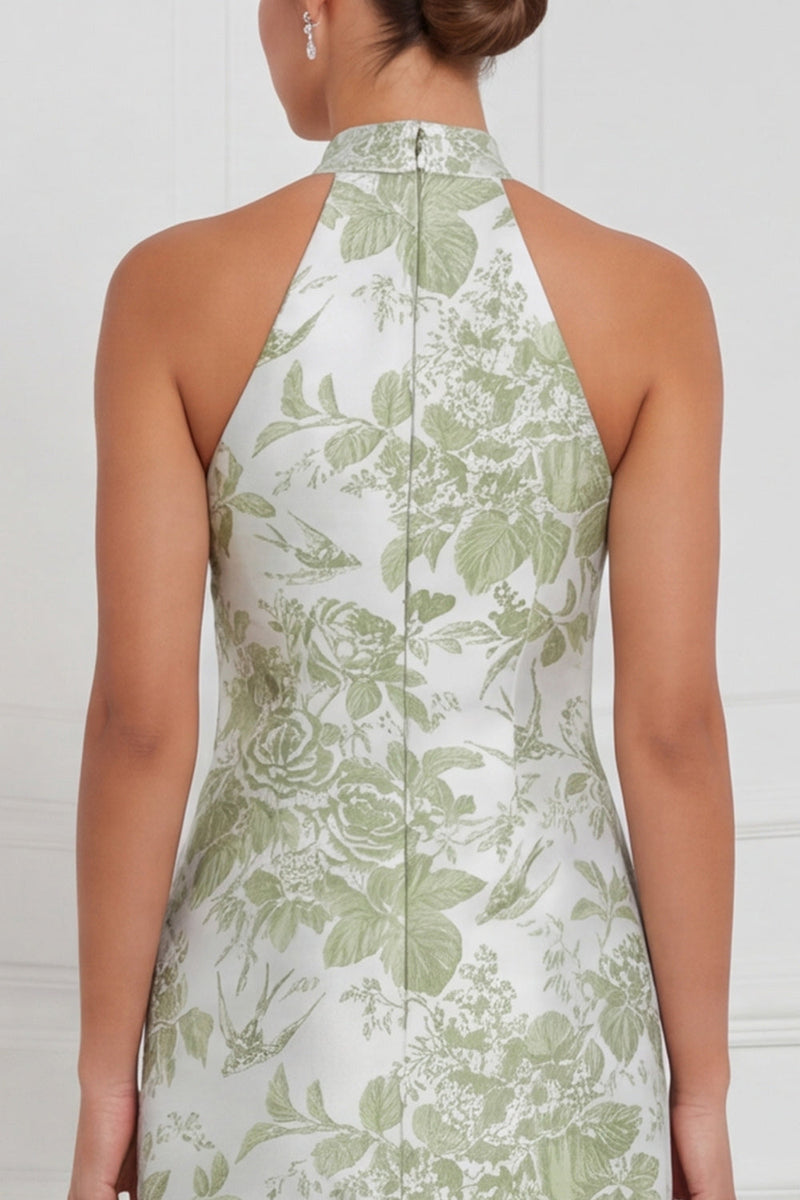 Laden Sie das Bild in den Galerie-Viewer, Halter Dusty Blue Sheath Floral Long Bridesmaid-Kleid