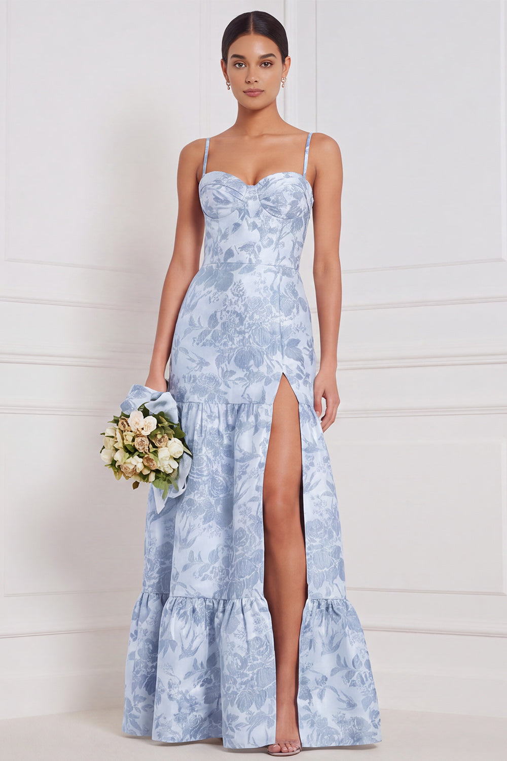 Hellblaues A-Linie Sweetheart Floral Langes Brautjungfernkleid mit Schlitz