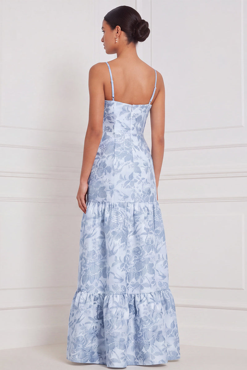 Laden Sie das Bild in den Galerie-Viewer, Hellblaues A-Linien-Sweetheart Floral-Langbrautjungfernkleid mit Schlitz