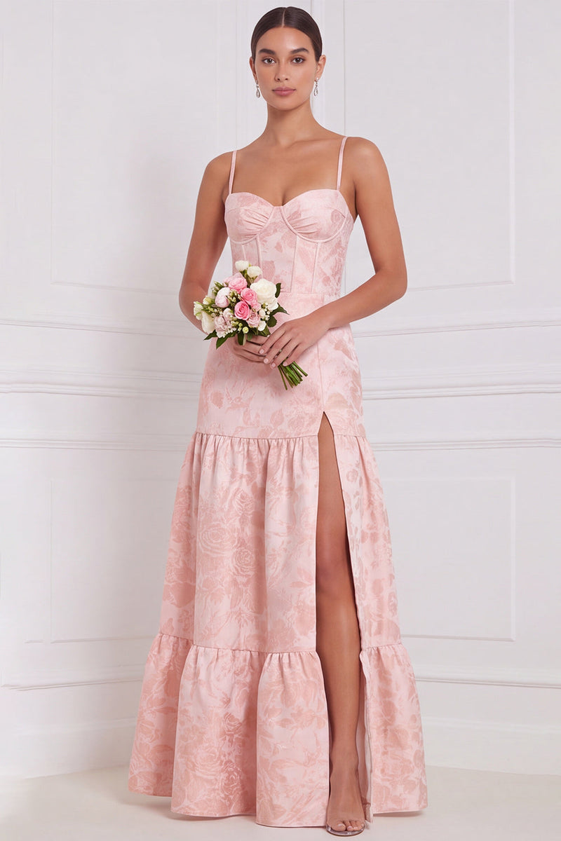 Laden Sie das Bild in den Galerie-Viewer, Hellblaues A-Linien-Sweetheart Floral-Langbrautjungfernkleid mit Schlitz