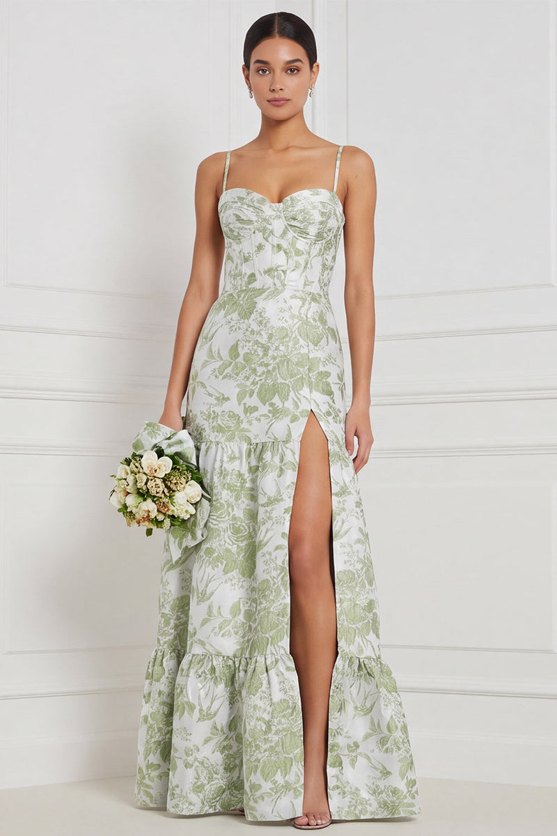 Laden Sie das Bild in den Galerie-Viewer, Hellblaues A-Linien-Sweetheart Floral-Langbrautjungfernkleid mit Schlitz
