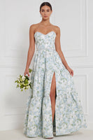 Laden Sie das Bild in den Galerie-Viewer, Blau-weiße Blumenperlen A-Linie trägerloses langes Brautjungfernkleid mit vorderem Schlitz