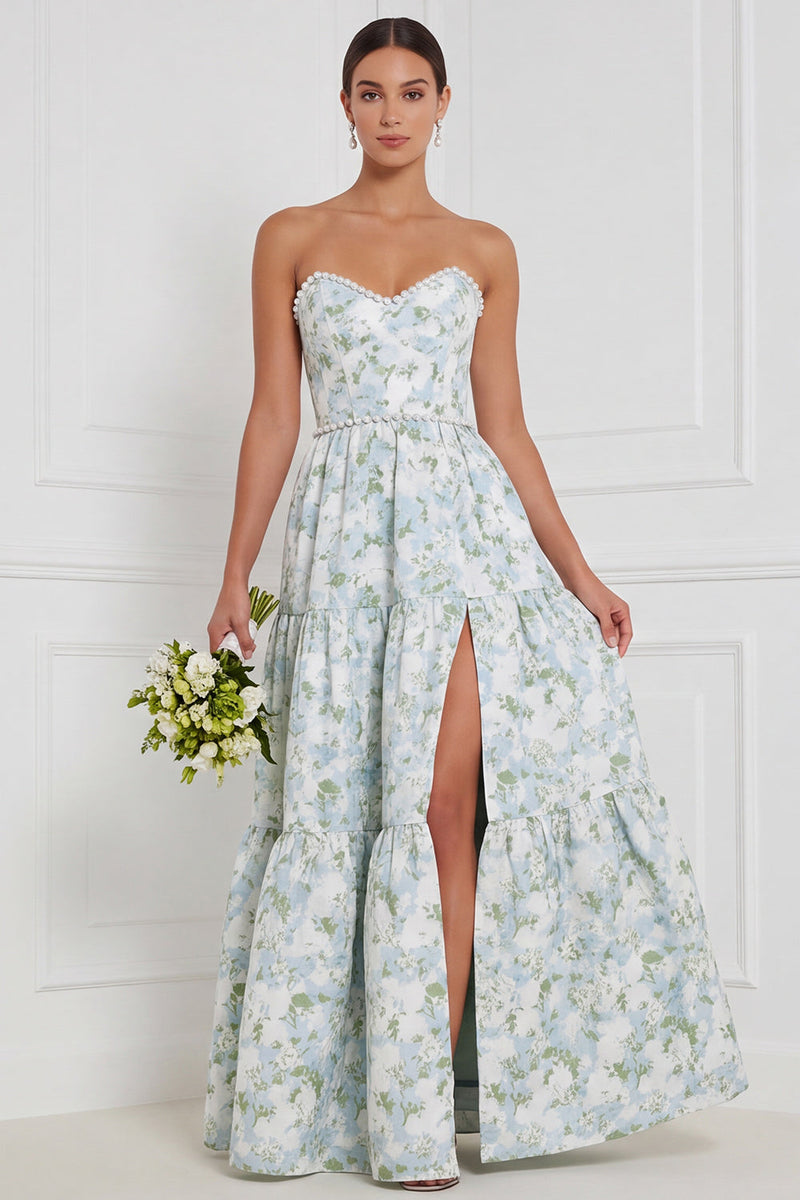 Laden Sie das Bild in den Galerie-Viewer, Blau-weiße Blumenperlen A-Linie trägerloses langes Brautjungfernkleid mit vorderem Schlitz
