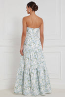 Laden Sie das Bild in den Galerie-Viewer, Blau-weiße Blumenperlen A-Linie trägerloses langes Brautjungfernkleid mit vorderem Schlitz