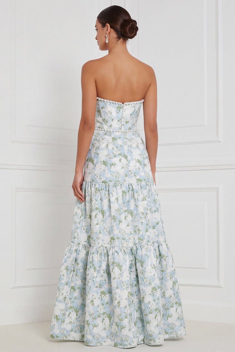 Laden Sie das Bild in den Galerie-Viewer, Blau-weiße Blumenperlen A-Linie trägerloses langes Brautjungfernkleid mit vorderem Schlitz