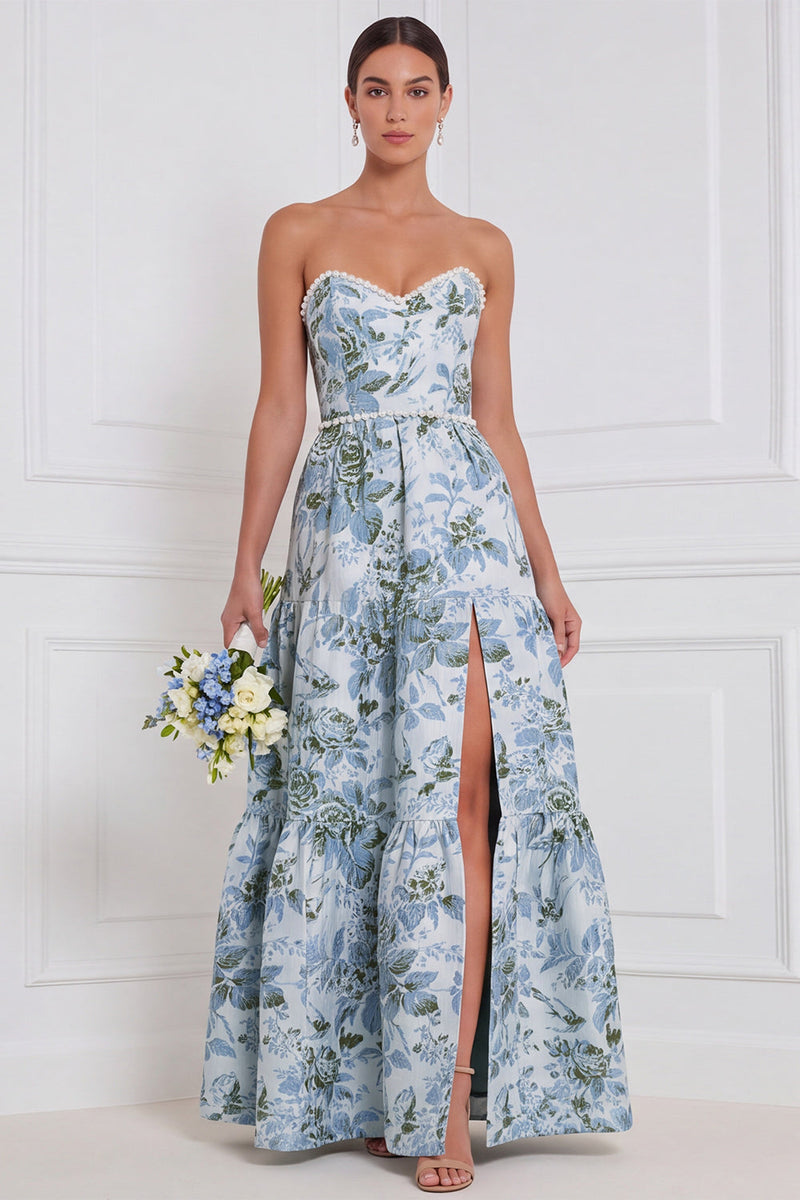 Laden Sie das Bild in den Galerie-Viewer, Blau-weiße Blumenperlen A-Linie trägerloses langes Brautjungfernkleid mit vorderem Schlitz