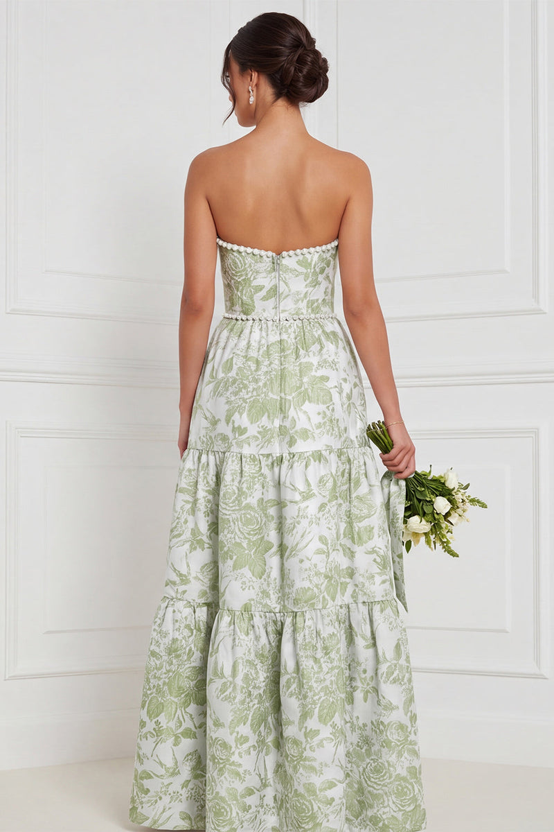 Laden Sie das Bild in den Galerie-Viewer, Blau-weiße Blumenperlen A-Linie trägerloses langes Brautjungfernkleid mit vorderem Schlitz