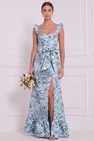 Laden Sie das Bild in den Galerie-Viewer, Staubig blaues Blumen-Meerjungfrauen-Sweetheart Langbrautjungfernkleid mit Schleife