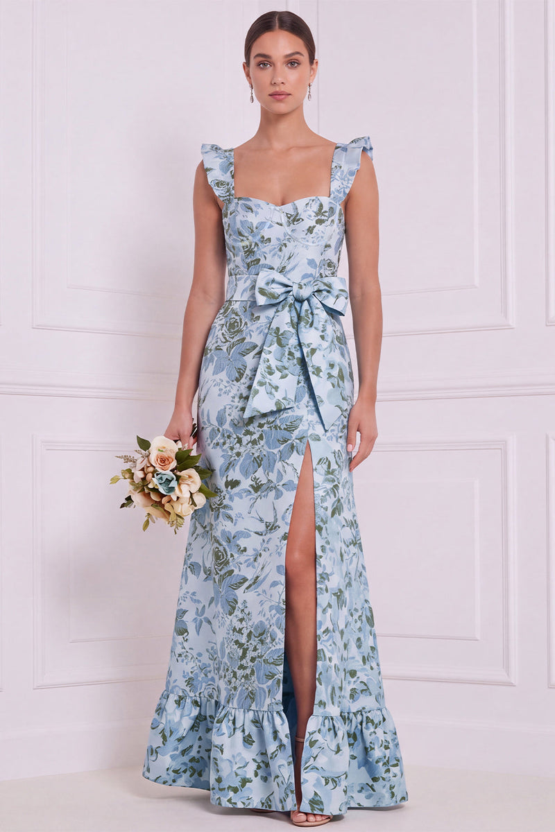 Laden Sie das Bild in den Galerie-Viewer, Staubig blaues Blumen-Meerjungfrauen-Sweetheart Langbrautjungfernkleid mit Schleife