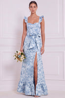 Laden Sie das Bild in den Galerie-Viewer, Staubig blaues Blumen-Meerjungfrauen-Sweetheart Langbrautjungfernkleid mit Schleife