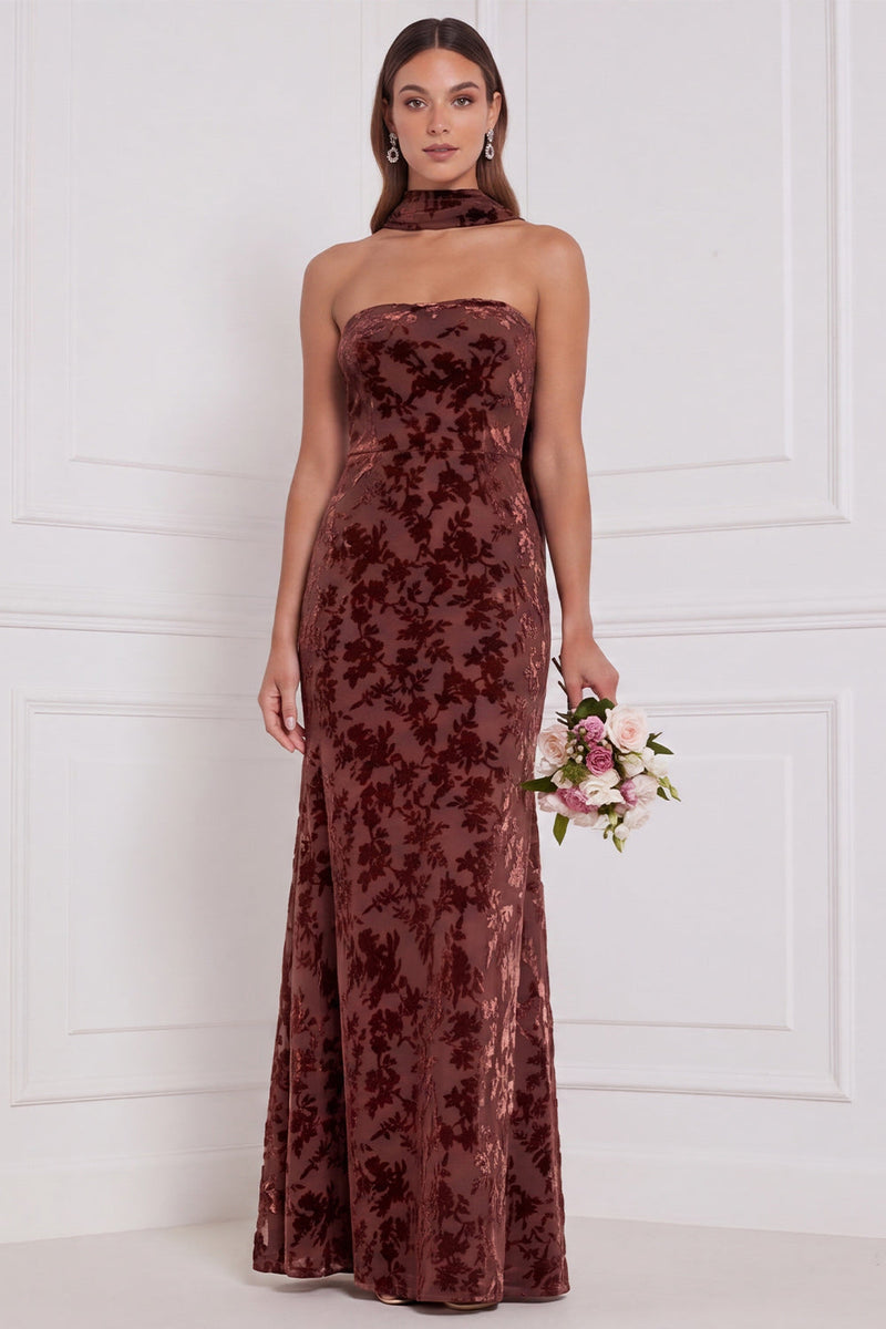Laden Sie das Bild in den Galerie-Viewer, Espresso Burnout samtlose Scheide lange Brautjungfernkleid mit Halsschal
