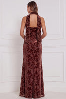 Laden Sie das Bild in den Galerie-Viewer, Espresso Burnout samtlose Scheide lange Brautjungfernkleid mit Halsschal