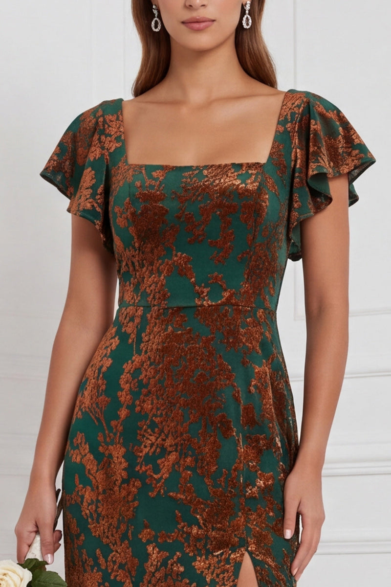 Laden Sie das Bild in den Galerie-Viewer, Braune Burnout Velvet Sheath Quadrathals Flatter-Ärmel Langes Brautjungfernkleid mit Seitenschlitz