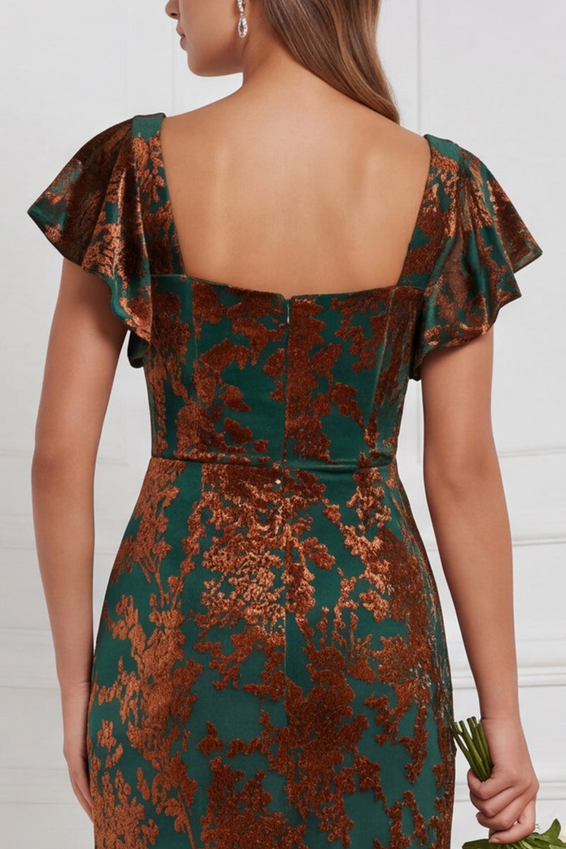Laden Sie das Bild in den Galerie-Viewer, Braune Burnout Velvet Sheath Quadrathals Flatter-Ärmel Langes Brautjungfernkleid mit Seitenschlitz