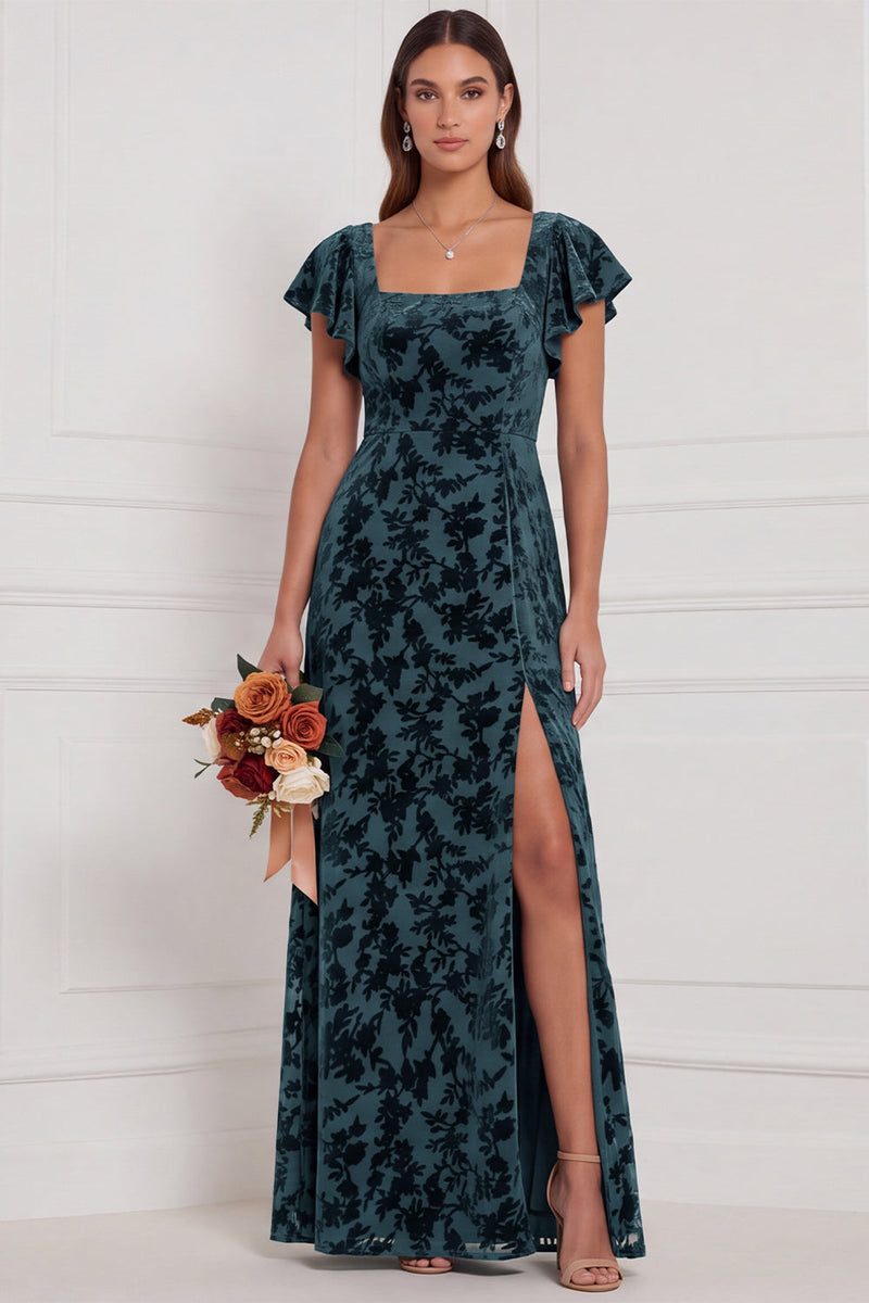 Laden Sie das Bild in den Galerie-Viewer, Braune Burnout Velvet Sheath Quadrathals Flatter-Ärmel Langes Brautjungfernkleid mit Seitenschlitz