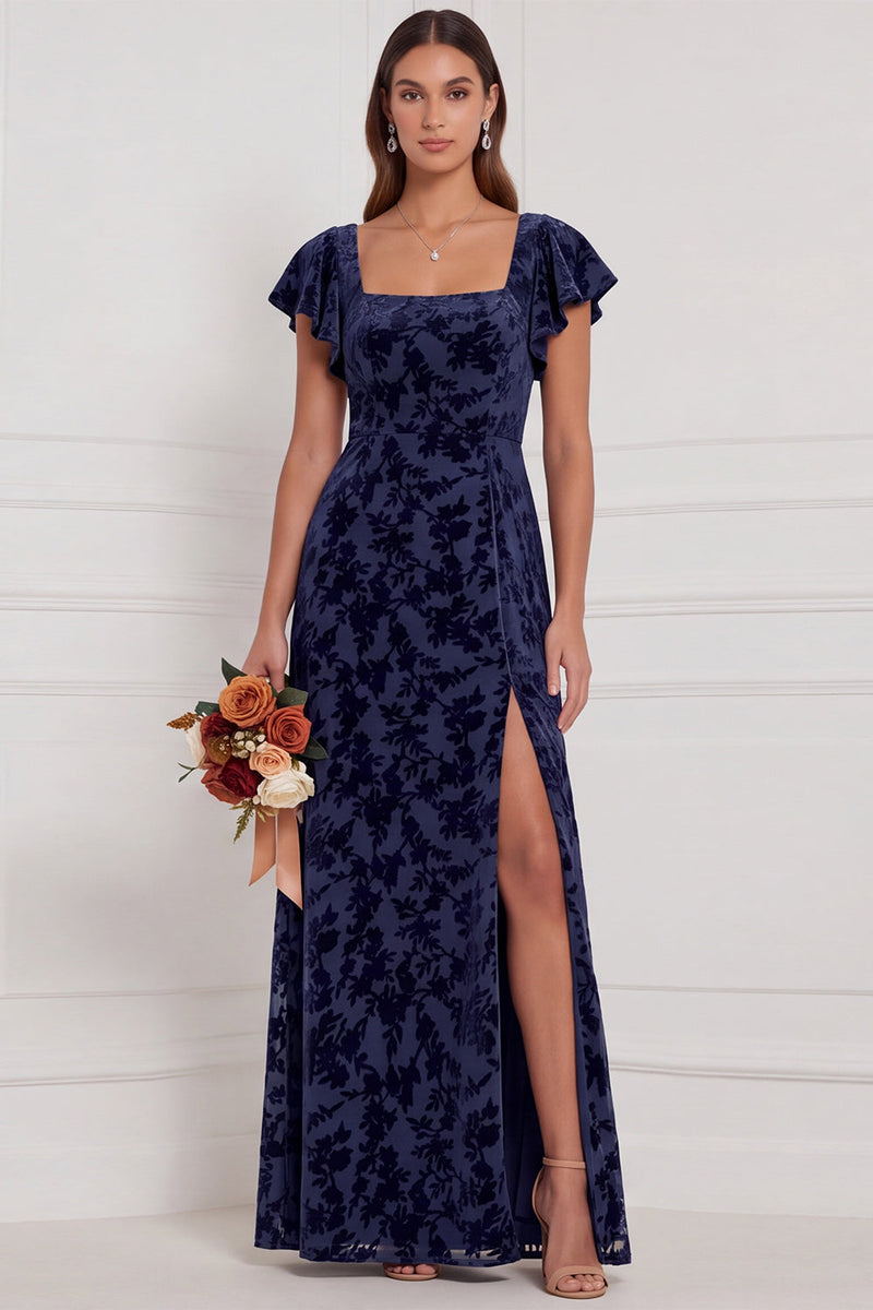 Laden Sie das Bild in den Galerie-Viewer, Braune Burnout Velvet Sheath Quadrathals Flatter-Ärmel Langes Brautjungfernkleid mit Seitenschlitz