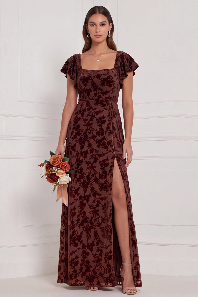 Laden Sie das Bild in den Galerie-Viewer, Braune Burnout Velvet Sheath Quadrathals Flatter-Ärmel Langes Brautjungfernkleid mit Seitenschlitz