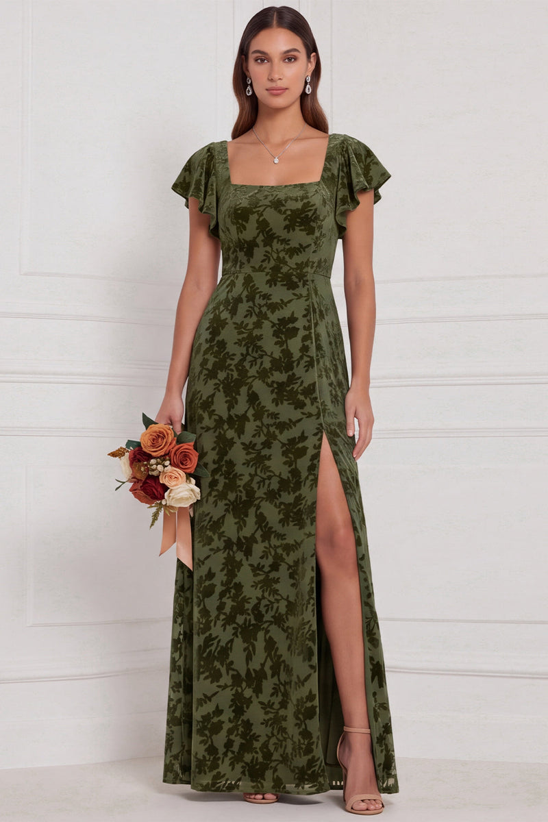 Laden Sie das Bild in den Galerie-Viewer, Braune Burnout Velvet Sheath Quadrathals Flatter-Ärmel Langes Brautjungfernkleid mit Seitenschlitz