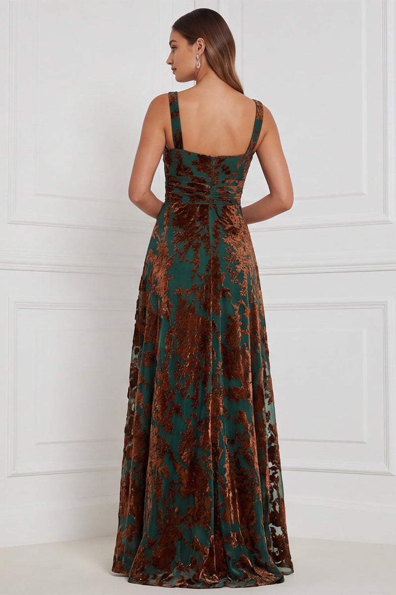 Laden Sie das Bild in den Galerie-Viewer, Braunes, quadratisches A-Hals-Hals, gerafftes Burnout-Samt-Langes Brautjungfernkleid